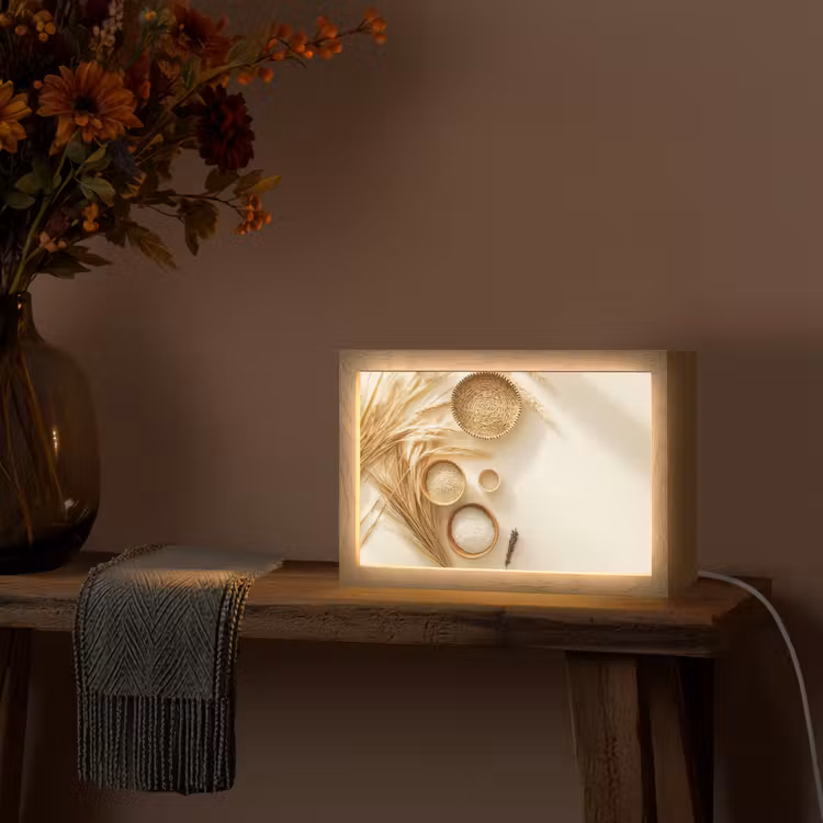 Granen - Hout - Kom - Beige Light Box met kabel (Tafellamp) klein -sfeer4