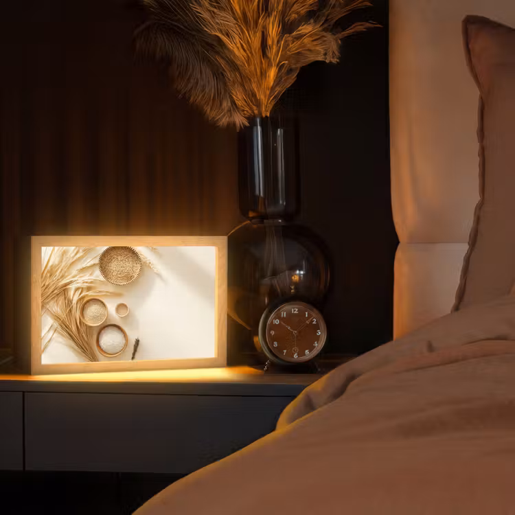 Granen - Hout - Kom - Beige Light Box met kabel (Tafellamp) klein -sfeer1