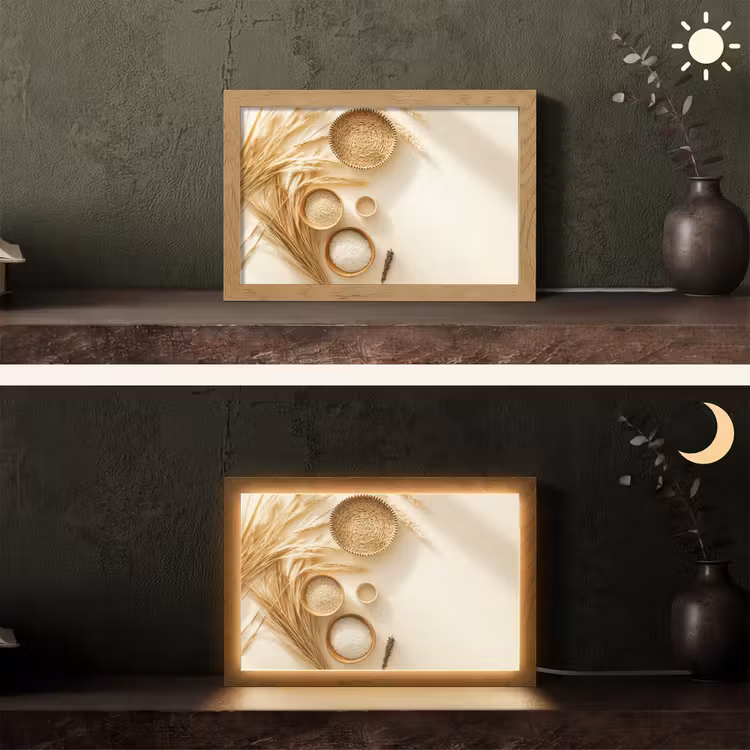 Granen - Hout - Kom - Beige Light Box met kabel (Tafellamp) klein -sfeer3