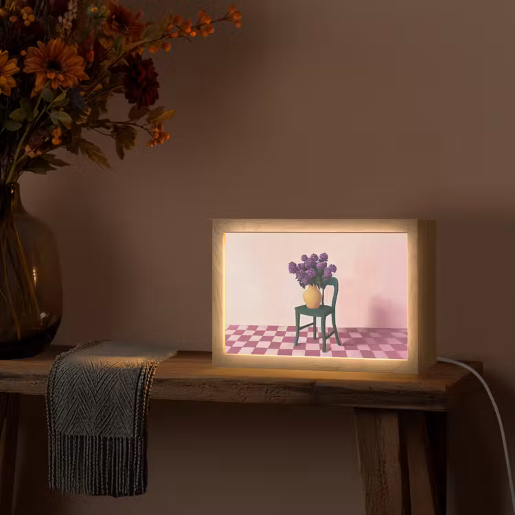 Stoel - Vaas - Bloemen - Geblokt Light Box met kabel (Tafellamp) klein -sfeer4