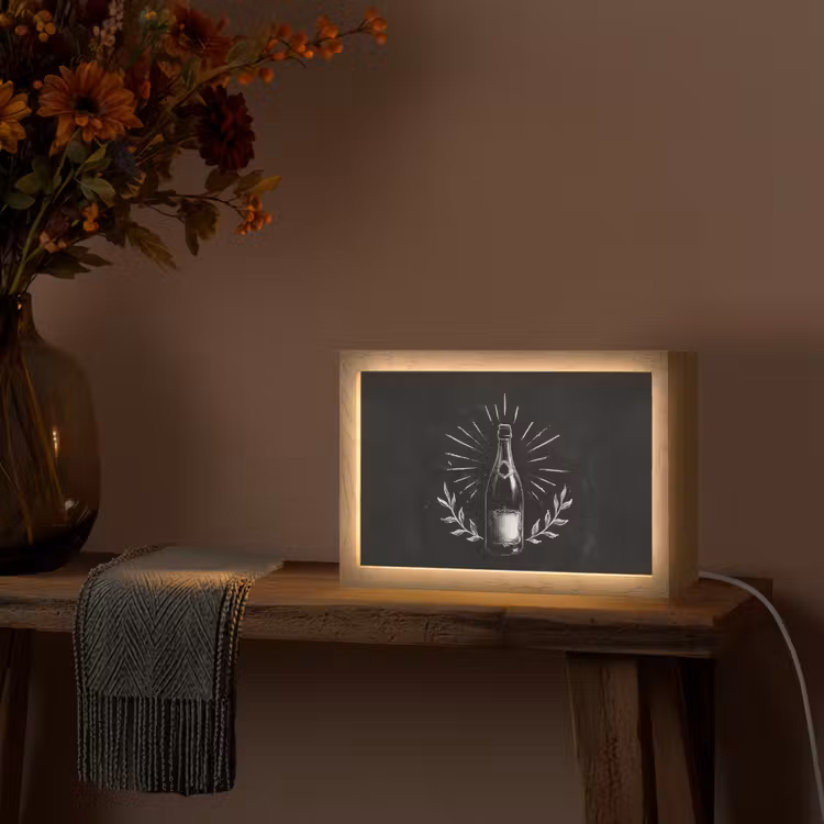 Champagnefles - Lauriertakken - Zwarte achtergrond Light Box met kabel (Tafellamp) klein -sfeer4