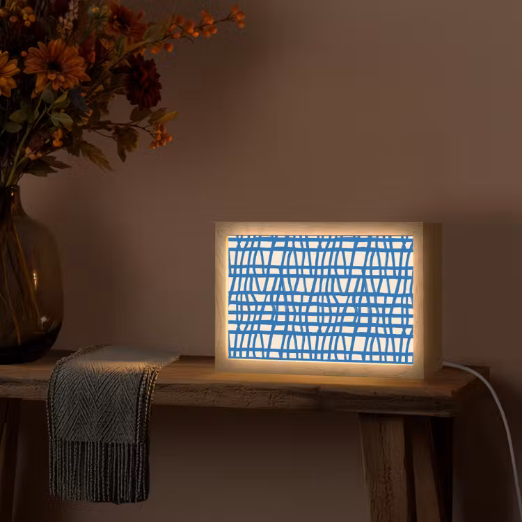 Ruitpatroon - Blauw - Crème Light Box met kabel (Tafellamp) klein 924 -sfeer4
