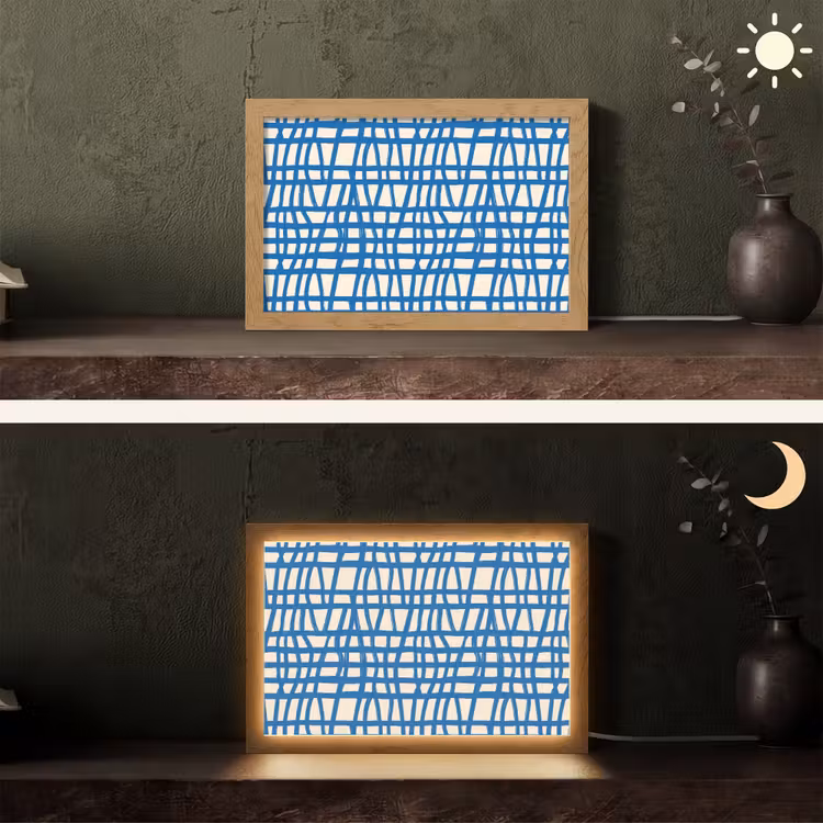 Ruitpatroon - Blauw - Crème Light Box met kabel (Tafellamp) klein 924 -sfeer3