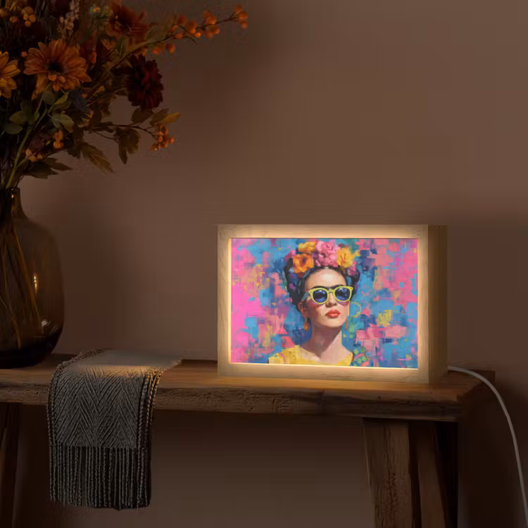 Vrolijk portret - Vrouw - Bloemenkroon Light Box met kabel (Tafellamp) klein -sfeer4