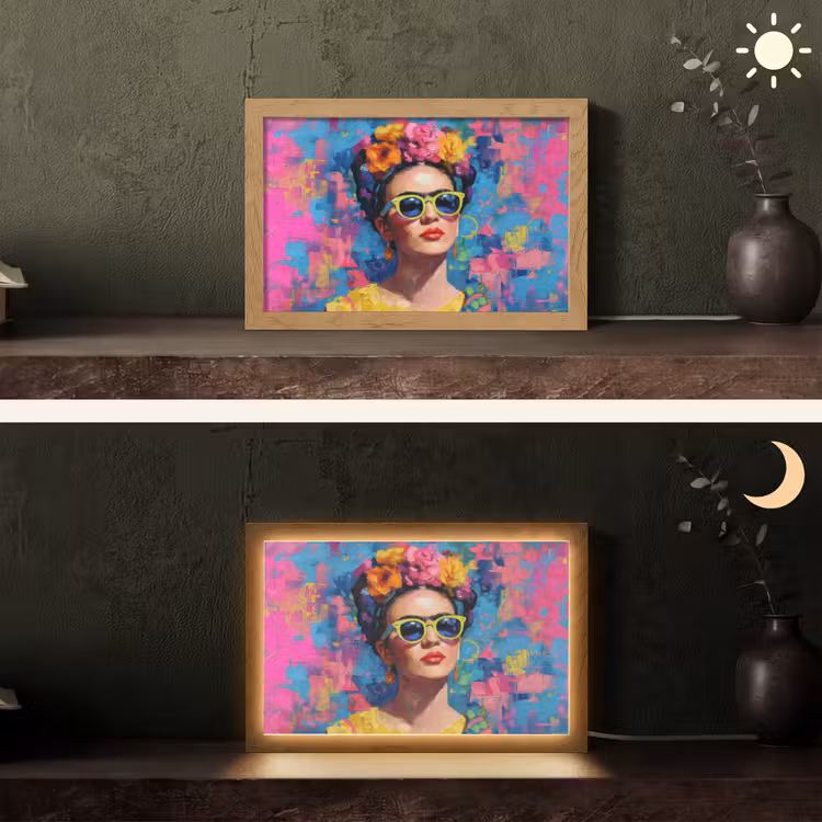 Vrolijk portret - Vrouw - Bloemenkroon Light Box met kabel (Tafellamp) klein -sfeer3