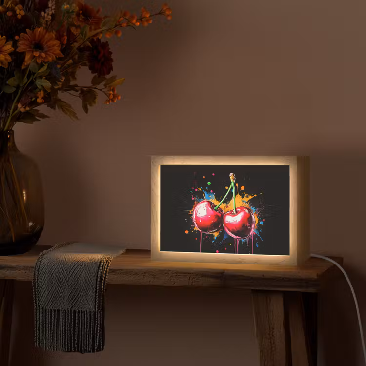 Kersen - Fruit - Graffiti - Verf - Abstract - Modern - Kleurrijk Light Box met kabel (Tafellamp) klein -sfeer4