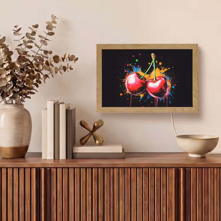 Kersen - Fruit - Graffiti - Verf - Abstract - Modern - Kleurrijk Light Box met kabel (Tafellamp) klein -sfeer2