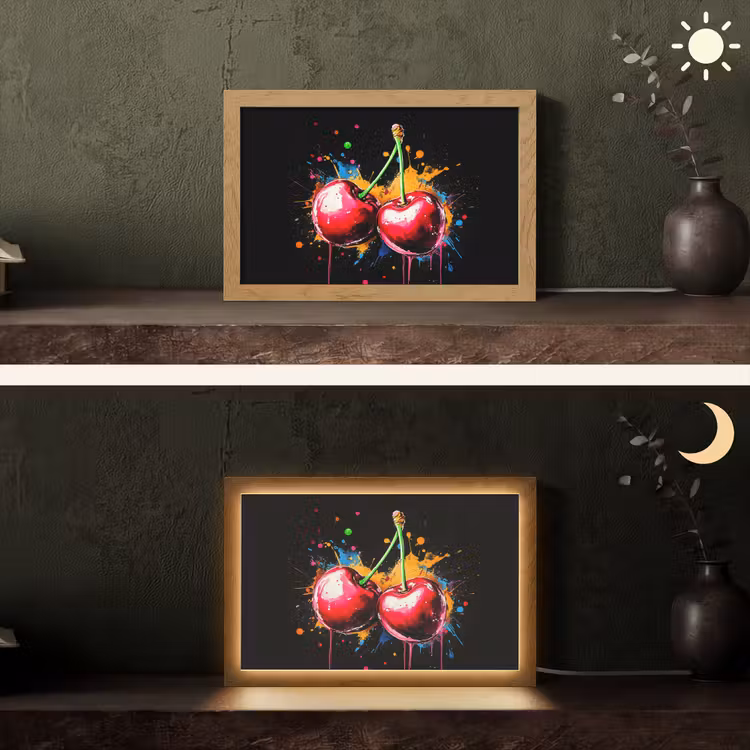 Kersen - Fruit - Graffiti - Verf - Abstract - Modern - Kleurrijk Light Box met kabel (Tafellamp) klein -sfeer3