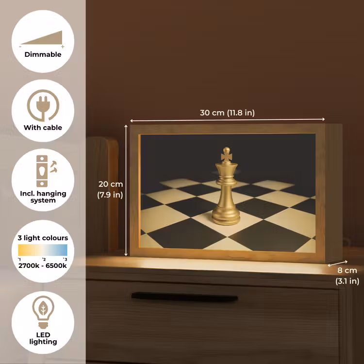 Schaakstuk - Koning - Schaakbord - Geblokt Light Box met kabel (Tafellamp) klein -USP_EN