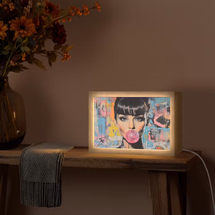 Kauwgom - Vrouw - Penseelstreken - Modern Light Box met kabel (Tafellamp) klein -sfeer4