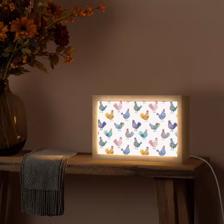 Kippen -Aquarel - Kleurrijk Light Box met kabel (Tafellamp) klein 924 -sfeer4