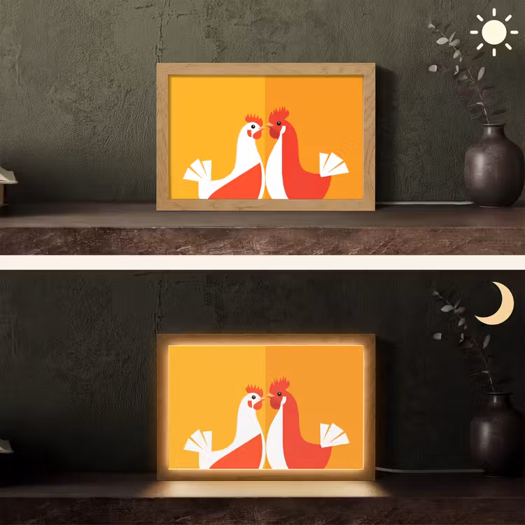 Kippen - Oranje - Vlakken Light Box met kabel (Tafellamp) klein -sfeer3