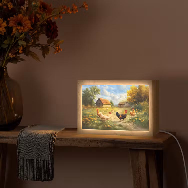 Kippen - Landelijke rust - Natuur Light Box met kabel (Tafellamp) klein -sfeer4