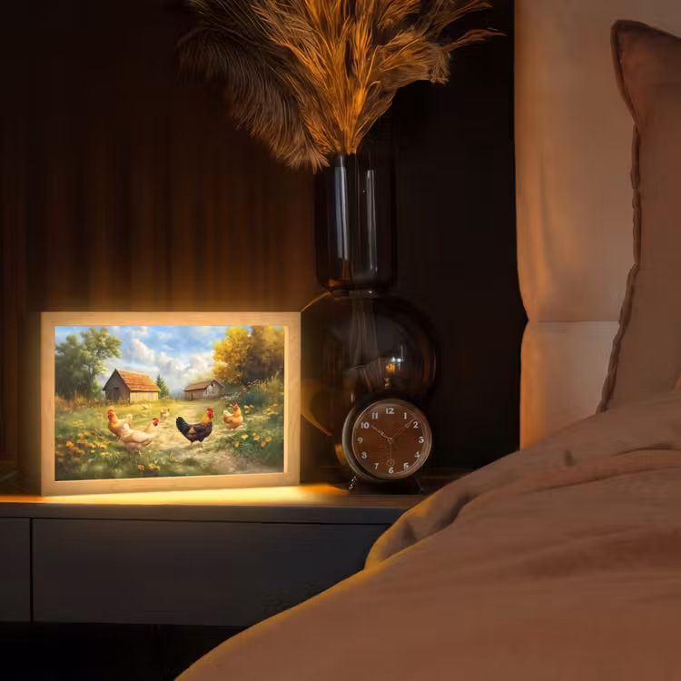 Kippen - Landelijke rust - Natuur Light Box met kabel (Tafellamp) klein -sfeer1