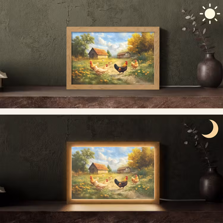 Kippen - Landelijke rust - Natuur Light Box met kabel (Tafellamp) klein -sfeer3