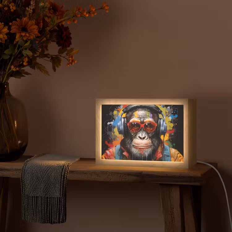 Chimpansee - Aap - dieren - Graffiti - Bril - Koptelefoon - Kleuren Light Box met kabel (Tafellamp) klein -sfeer4