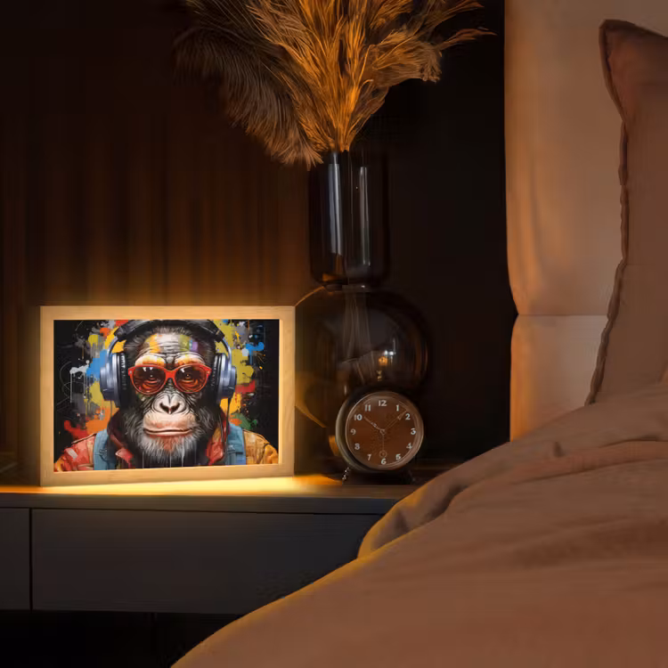 Chimpansee - Aap - dieren - Graffiti - Bril - Koptelefoon - Kleuren Light Box met kabel (Tafellamp) klein -sfeer1