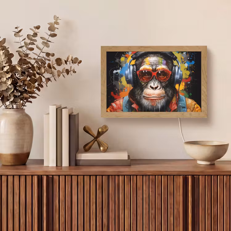 Chimpansee - Aap - dieren - Graffiti - Bril - Koptelefoon - Kleuren Light Box met kabel (Tafellamp) klein -sfeer2