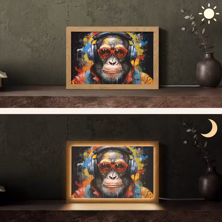 Chimpansee - Aap - dieren - Graffiti - Bril - Koptelefoon - Kleuren Light Box met kabel (Tafellamp) klein -sfeer3