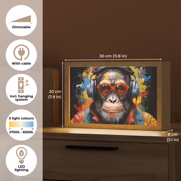 Chimpansee - Aap - dieren - Graffiti - Bril - Koptelefoon - Kleuren Light Box met kabel (Tafellamp) klein -USP_EN