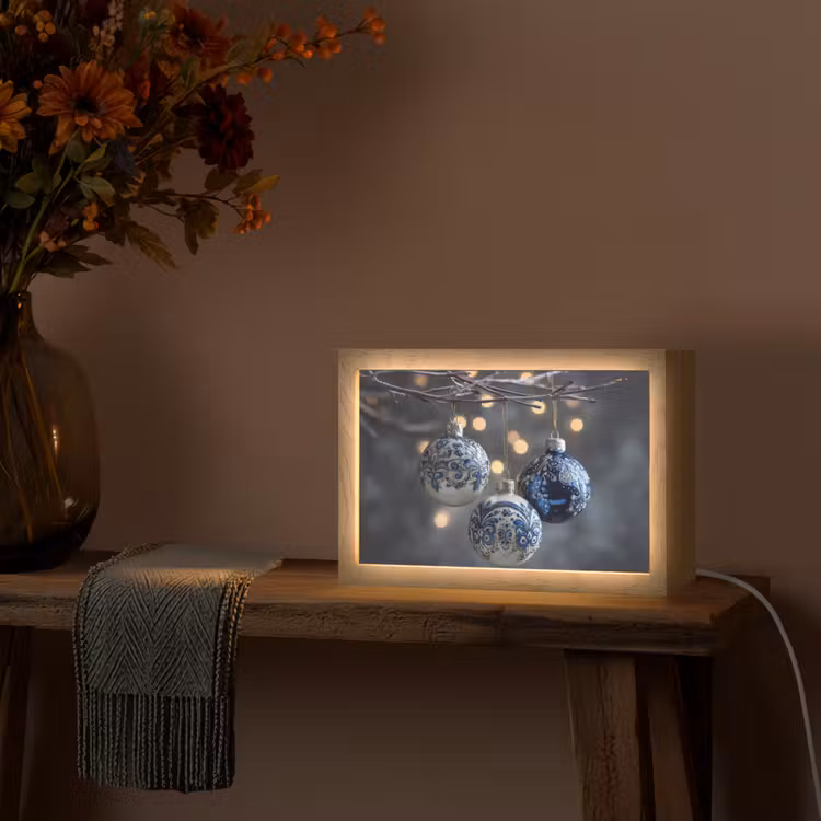 Kerstbal - Versierd - Blauw Light Box met kabel (Tafellamp) klein -sfeer4