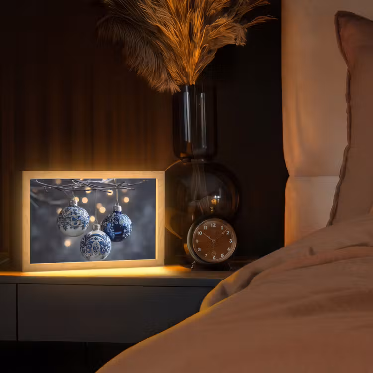 Kerstbal - Versierd - Blauw Light Box met kabel (Tafellamp) klein -sfeer1