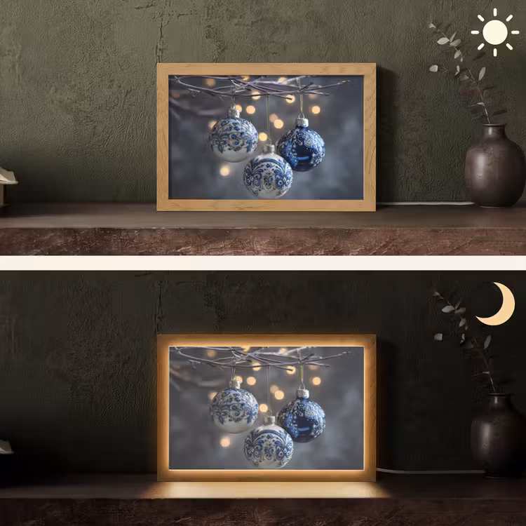 Kerstbal - Versierd - Blauw Light Box met kabel (Tafellamp) klein -sfeer3