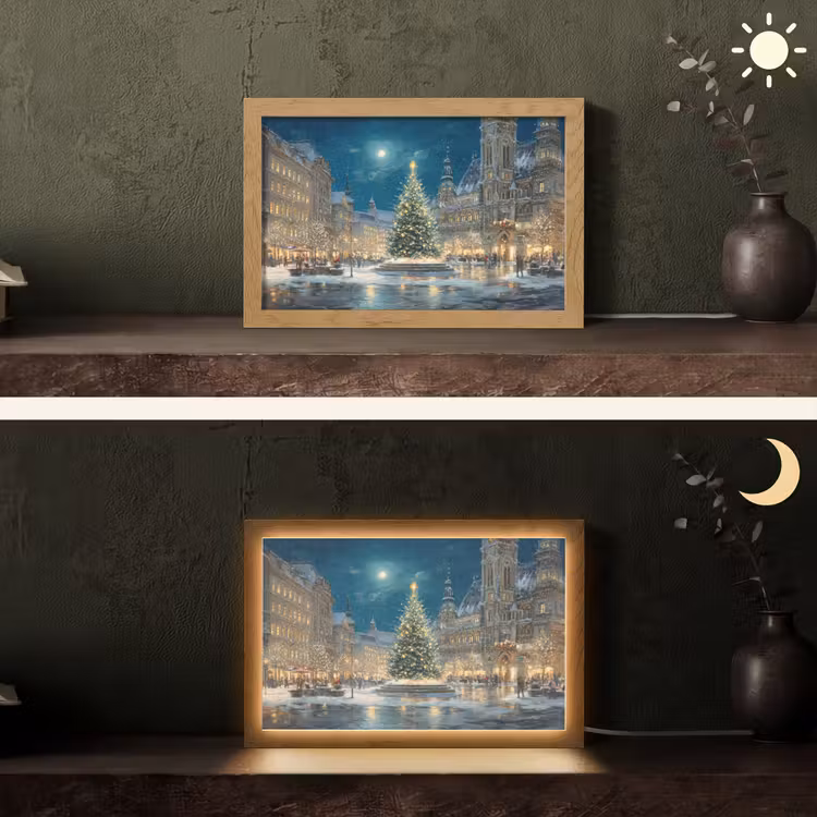 Kerstnacht - Stadsplein - Meerkleurig Light Box met kabel (Tafellamp) klein -sfeer3