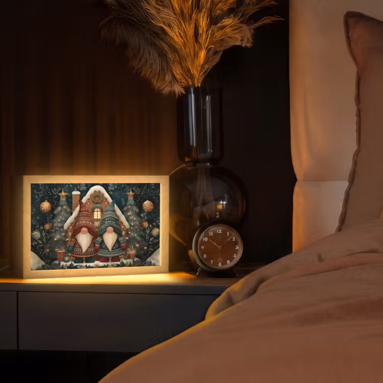 Kerst - Gnomen - Peperkoekhuisje - Rood - Groen Light Box met kabel (Tafellamp) klein -sfeer1