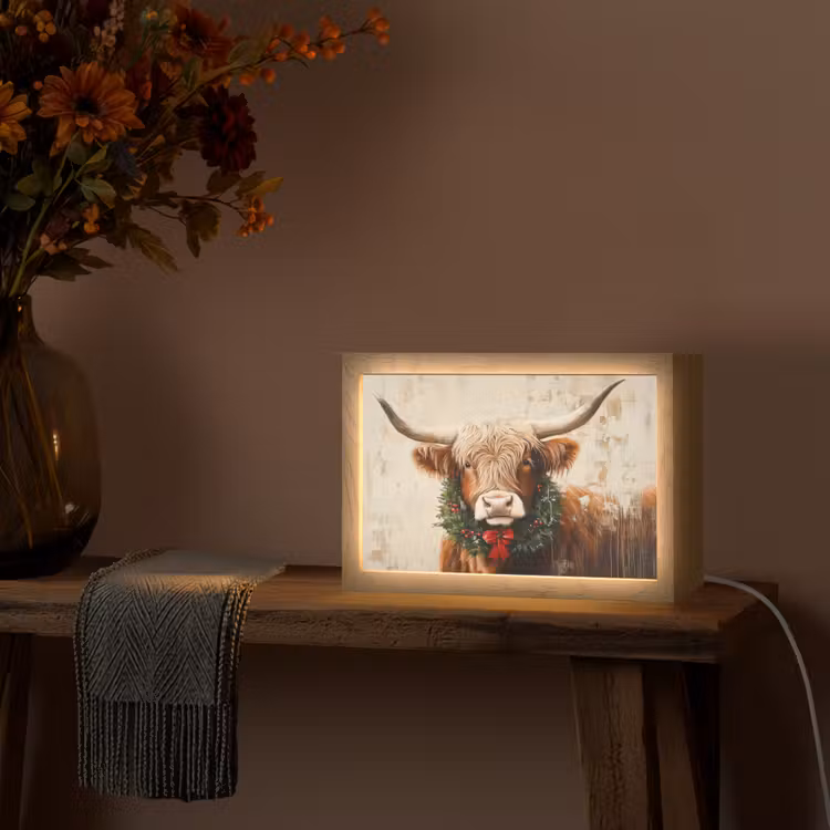 Kerst - Schotse Hooglander - Bruin - Krans Light Box met kabel (Tafellamp) klein -sfeer4
