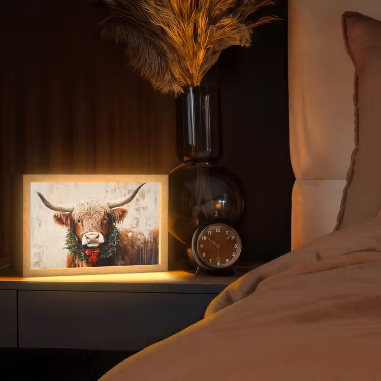 Kerst - Schotse Hooglander - Bruin - Krans Light Box met kabel (Tafellamp) klein -sfeer1