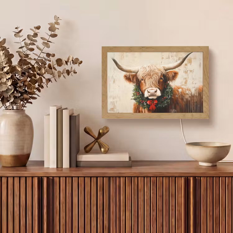 Kerst - Schotse Hooglander - Bruin - Krans Light Box met kabel (Tafellamp) klein -sfeer2