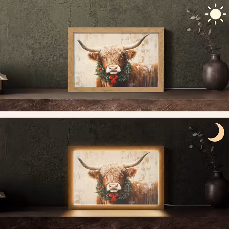 Kerst - Schotse Hooglander - Bruin - Krans Light Box met kabel (Tafellamp) klein -sfeer3