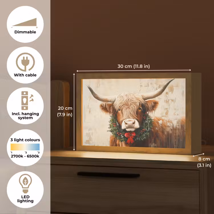 Kerst - Schotse Hooglander - Bruin - Krans Light Box met kabel (Tafellamp) klein -USP_EN