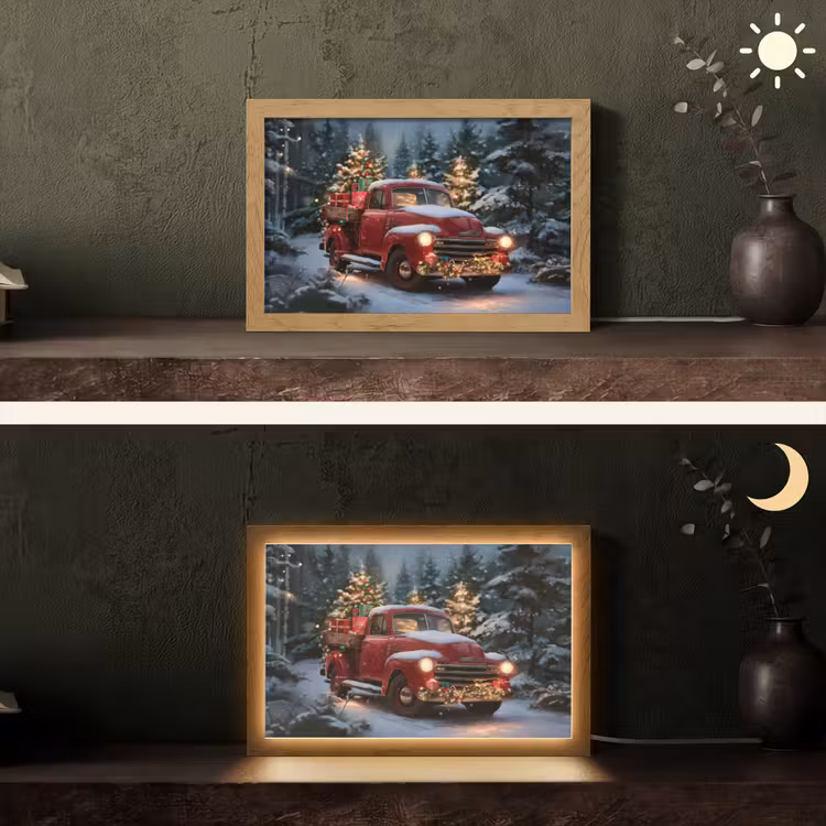 Kersttruck - Sneeuwbos - Rood Light Box met kabel (Tafellamp) klein -sfeer3