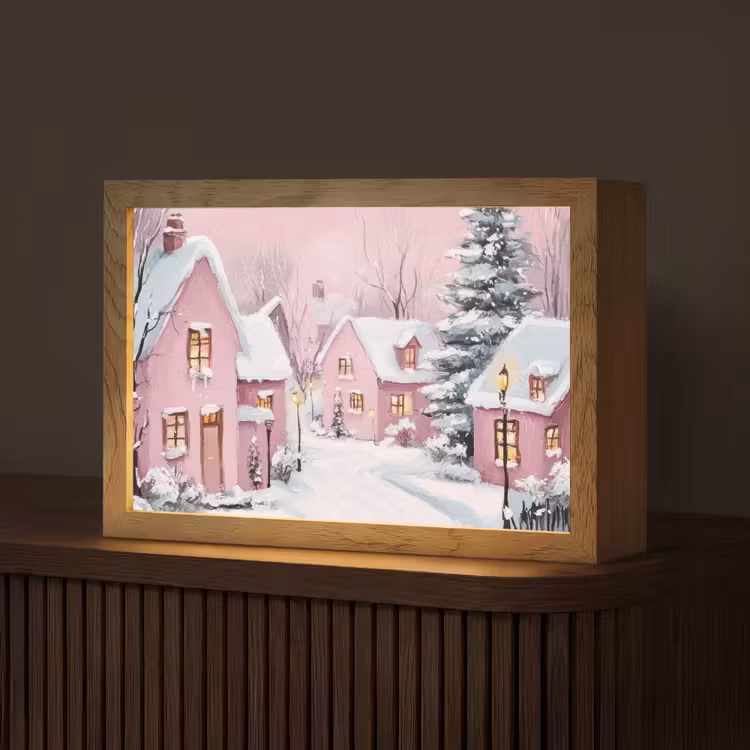 Kerstdorp - Roze - Winter - Sneeuw - Huizen Light Box met kabel (Tafellamp) klein -z3d_website