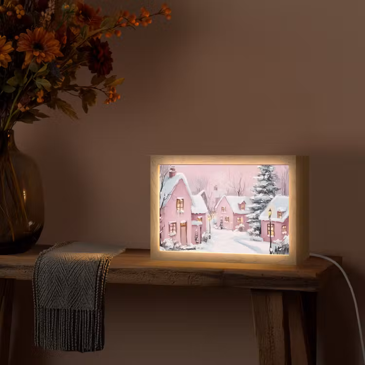 Kerstdorp - Roze - Winter - Sneeuw - Huizen Light Box met kabel (Tafellamp) klein -sfeer4