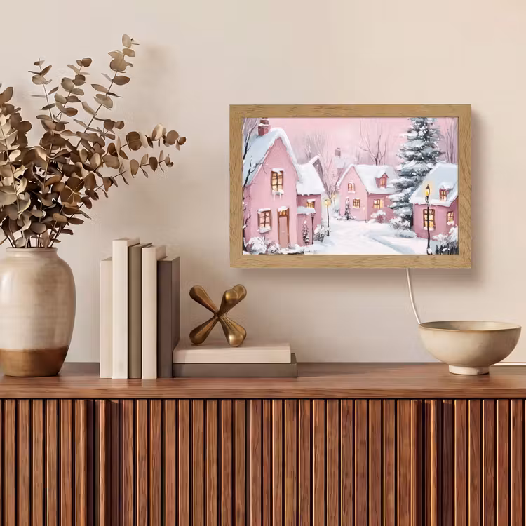 Kerstdorp - Roze - Winter - Sneeuw - Huizen Light Box met kabel (Tafellamp) klein -sfeer2