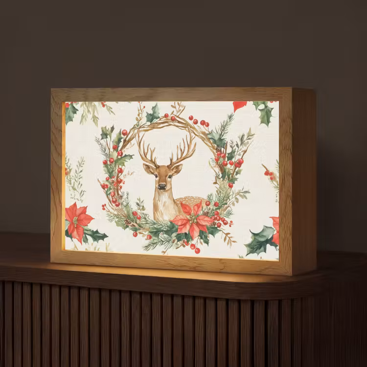 Kerstkrans - Hert - Hulst - Rood Light Box met kabel (Tafellamp) klein -z3d_website