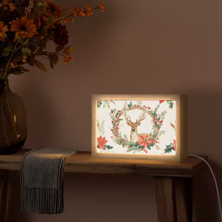 Kerstkrans - Hert - Hulst - Rood Light Box met kabel (Tafellamp) klein -sfeer4