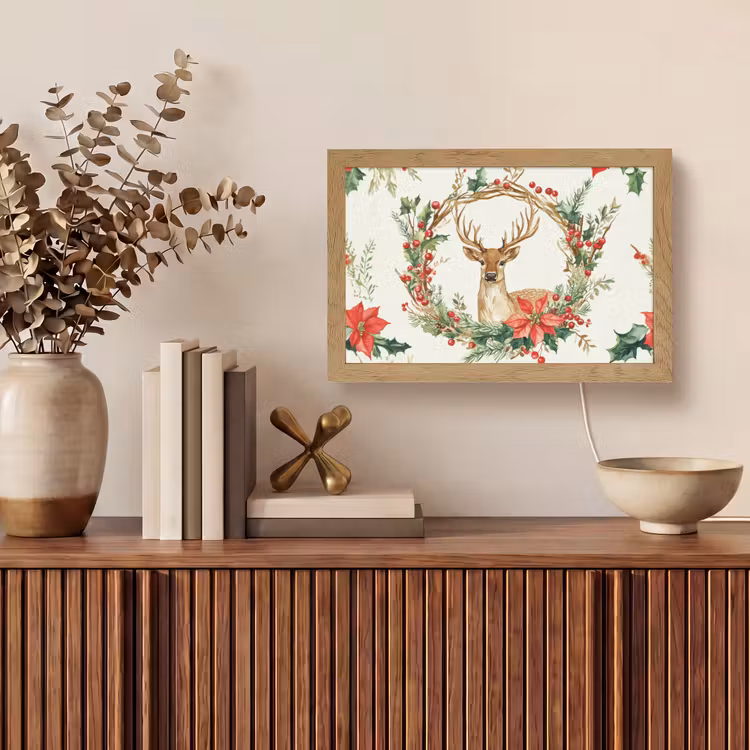 Kerstkrans - Hert - Hulst - Rood Light Box met kabel (Tafellamp) klein -sfeer2