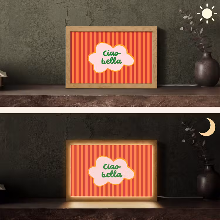 Ciao bella - Tekstwolk - Strepen - Oranje Light Box met kabel (Tafellamp) klein -sfeer3