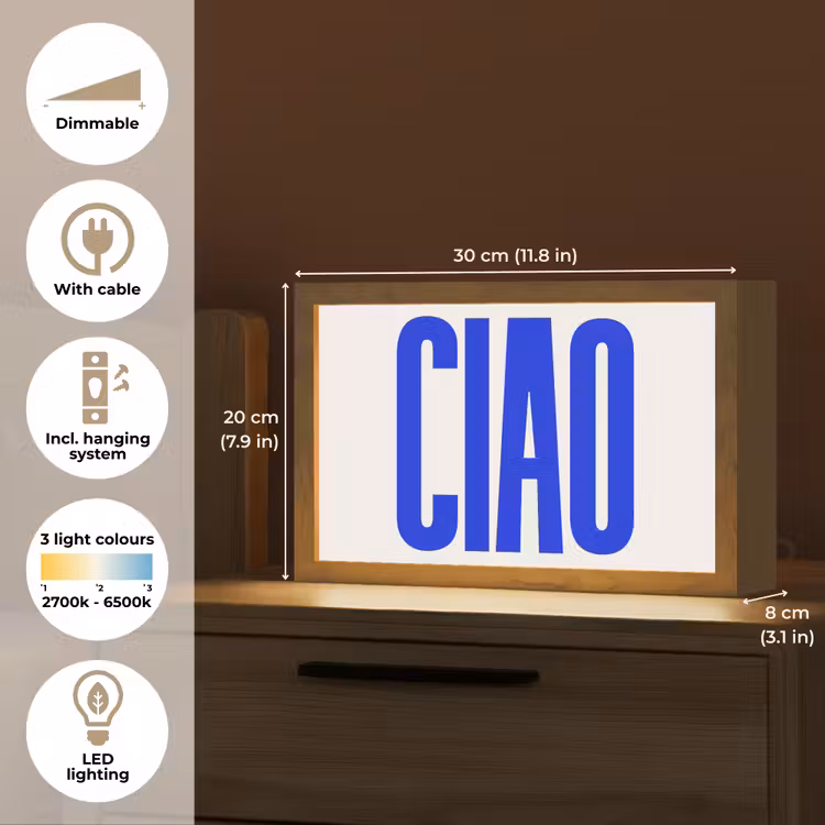 Ciao - Hoofdletters - Blauw - Minimalistisch Light Box met kabel (Tafellamp) klein -USP_EN