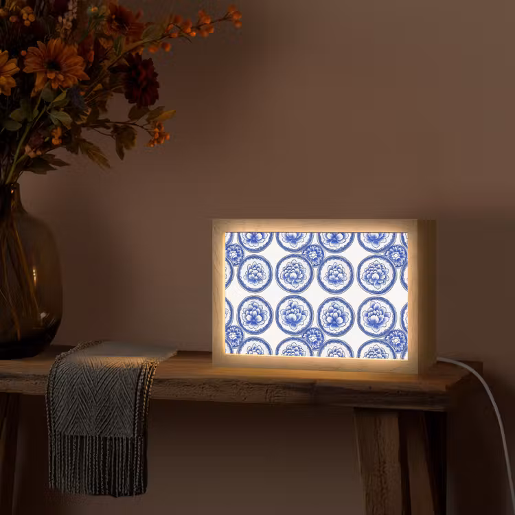Cirkels - Bloemen - Blauw Light Box met kabel (Tafellamp) klein 924 -sfeer4