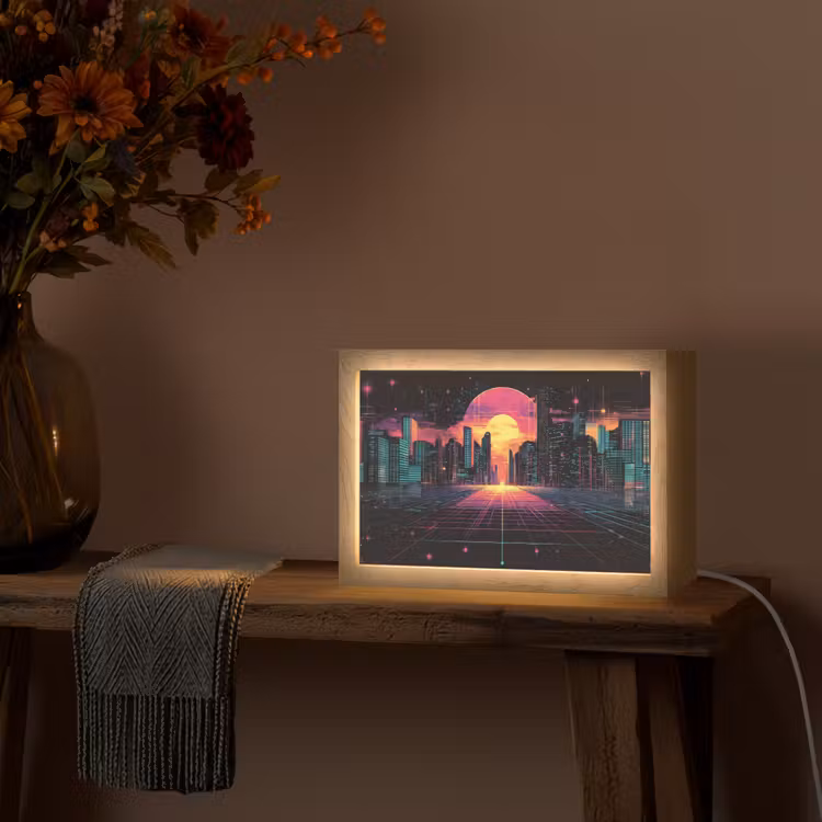 Stad - Gebouwen - Zon - Geel Light Box met kabel (Tafellamp) klein -sfeer4