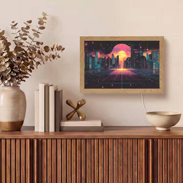 Stad - Gebouwen - Zon - Geel Light Box met kabel (Tafellamp) klein -sfeer2