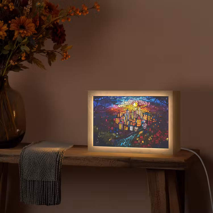 Stad - Maan - Mozaïek - Kleurrijk Light Box met kabel (Tafellamp) klein -sfeer4