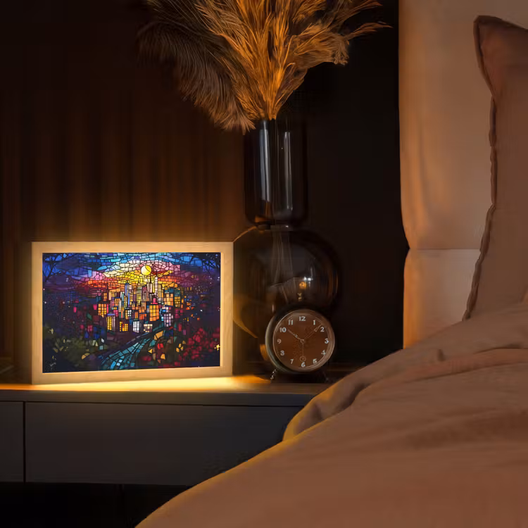 Stad - Maan - Mozaïek - Kleurrijk Light Box met kabel (Tafellamp) klein -sfeer1