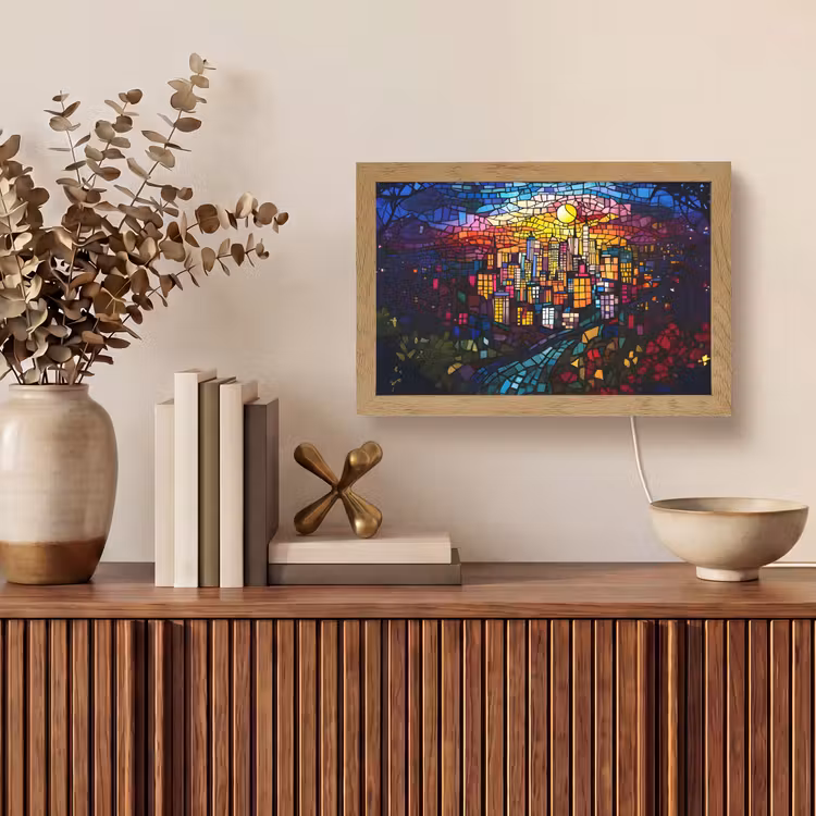 Stad - Maan - Mozaïek - Kleurrijk Light Box met kabel (Tafellamp) klein -sfeer2