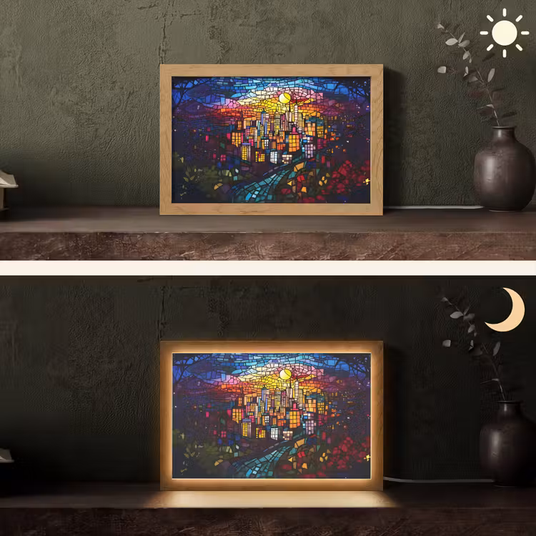 Stad - Maan - Mozaïek - Kleurrijk Light Box met kabel (Tafellamp) klein -sfeer3